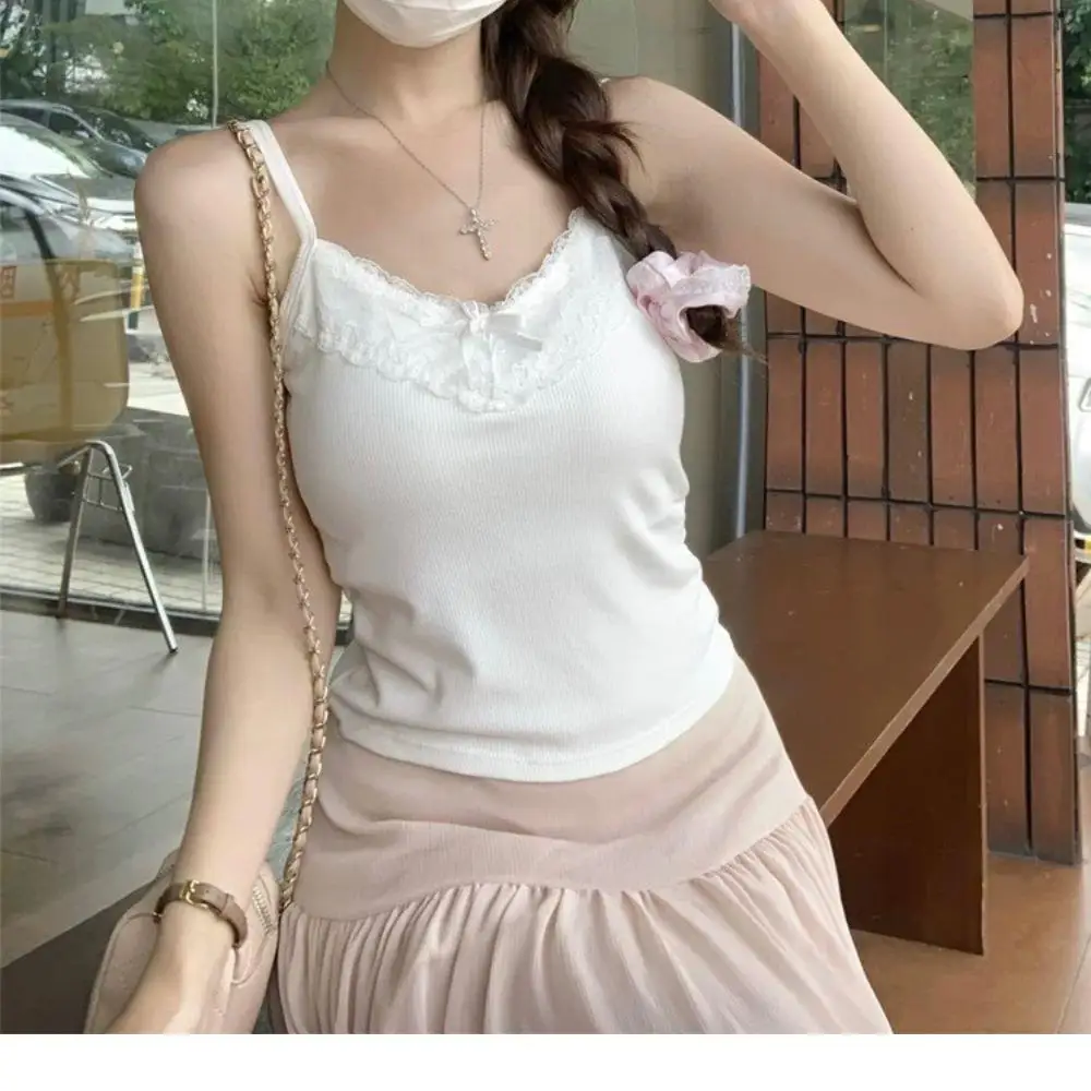 

Women's Camisole Sleeveless Tank Tops Solid Color Slim Fashion Lace Stitching Women Summer Top With Pad Spicy Girls Y2k Clothes