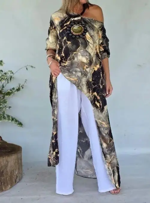 

Marble Print Cold Shoulder Longline Blouse Asymmetrical Hem Loose Top Three Quarters Sleeve Casual Women's Fashion Blouse