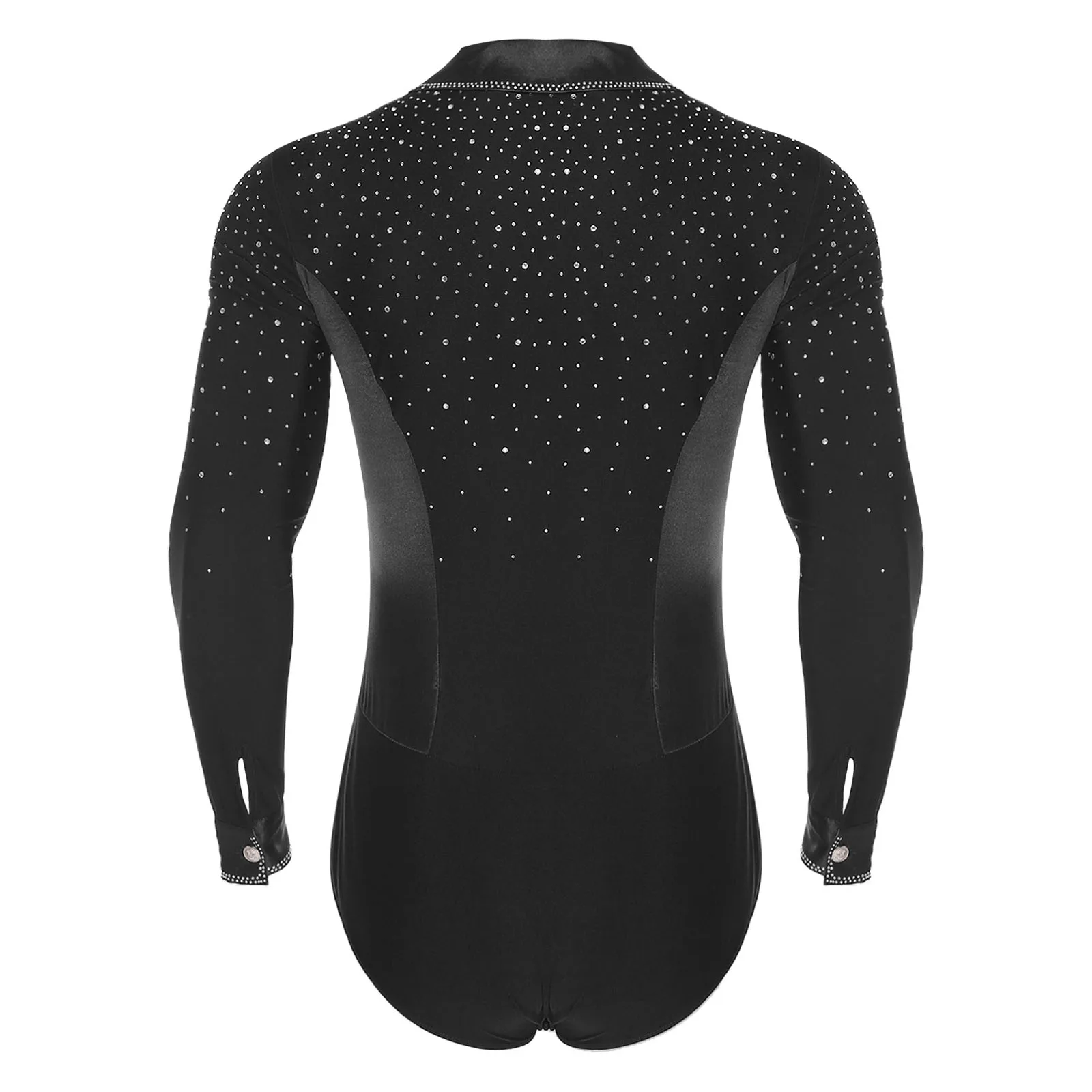 Mens Latin Tango Dance Bodysuit Shirt Glittery Rhinestone Lapel V Neck Long Sleeve Leotard Jumpsuit for Chacha Figure Skating