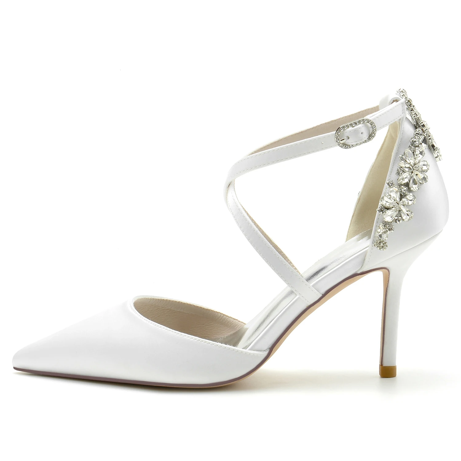 

Pointed Toe Lady Satin Dress Shoes Crossed Strap with Crystal Back Bridal Wedding Party Prom Stiletto Thin Heels Side Empty
