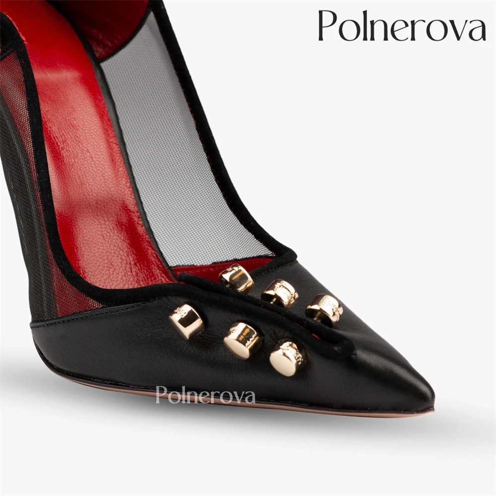 Mesh Pin Buckle High Heels for Women Sexy Style Black Leather Metal Accessories Pumps Luxury Designer Style Handmade High Heels