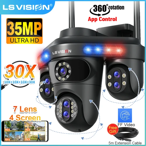 LS VISION 4 pantallas 10X Zoom WiFi cámara IP 7 lentes 35MP cámara de vigilancia en exterior 360 PTZ seguimiento automático cámaras CCTV impermeables