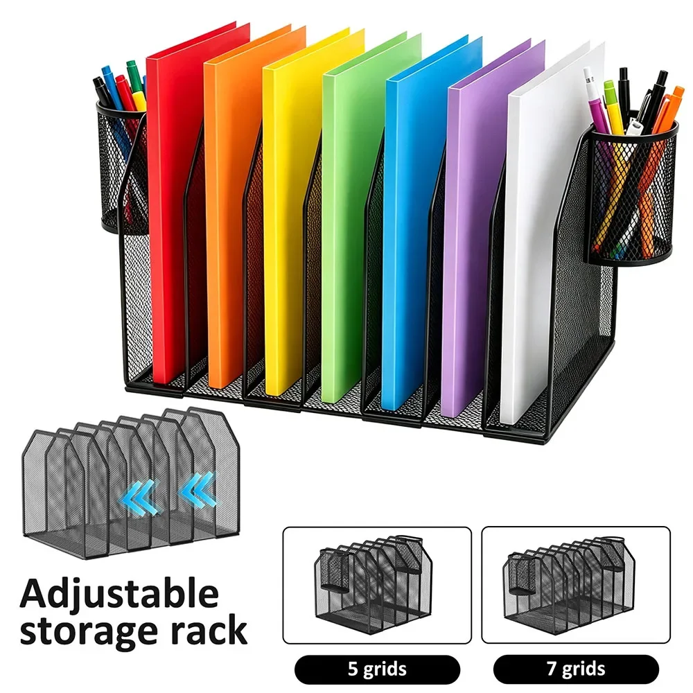 5/7-Slot File Folder Organizer Metal Vertical File Holder Stand with 2 Pen Holders Adjustable Office Desktop Storage Rack