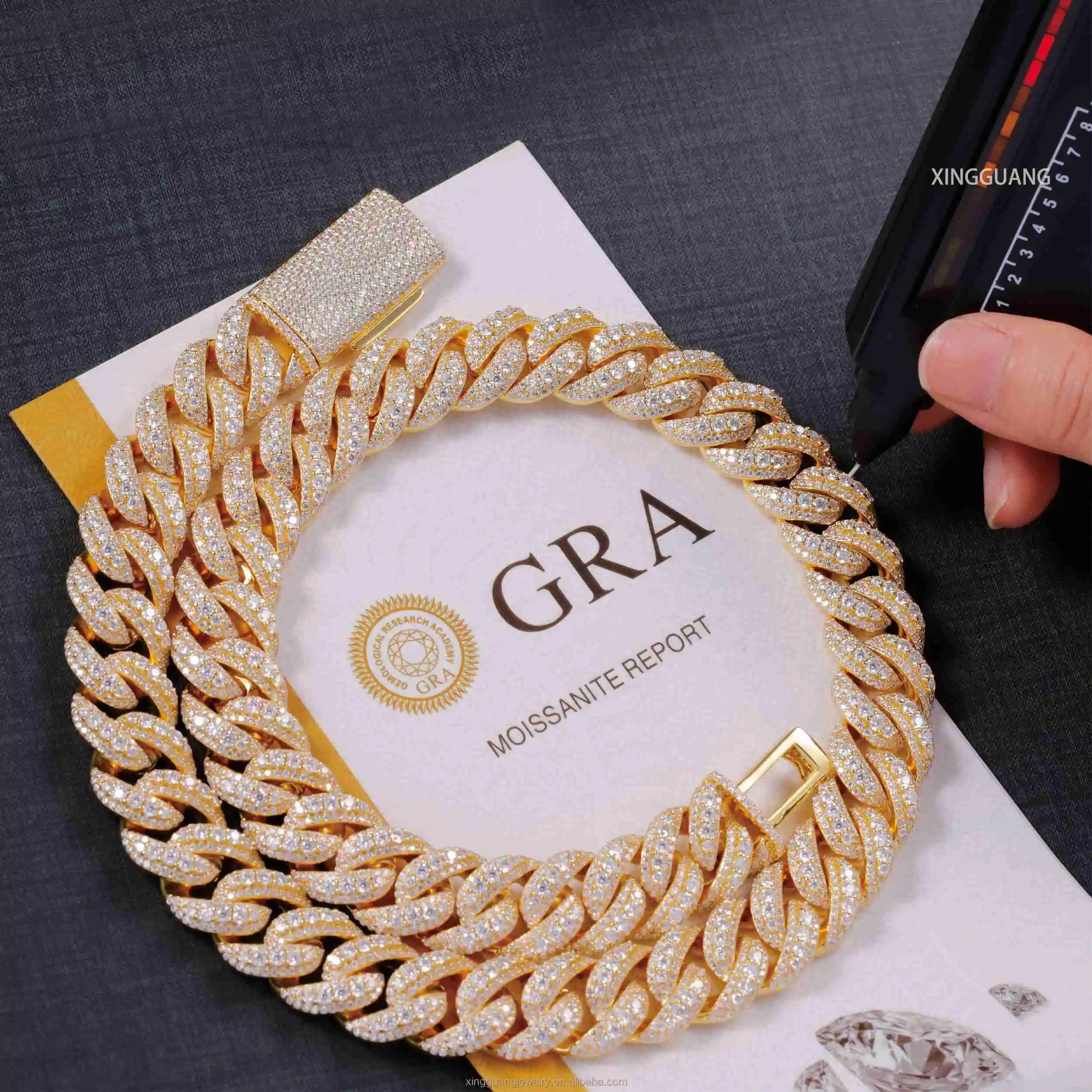 Diamond Pass Test Gold 14mm Moissanite Cuban Link 925 Silver Iced Out Raised Chain Hip Hop Style Jewelry Unique and Fashionable.