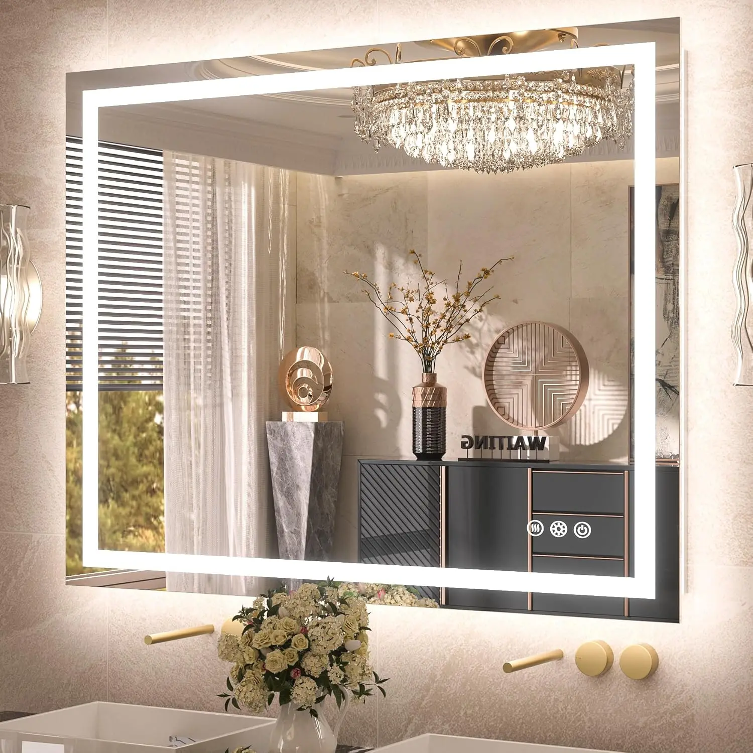 LED Bathroom Mirror 42 x 36 Inch with   Lighted Vanity Mirror Anti Fog  Dimmable 3 Colors White/