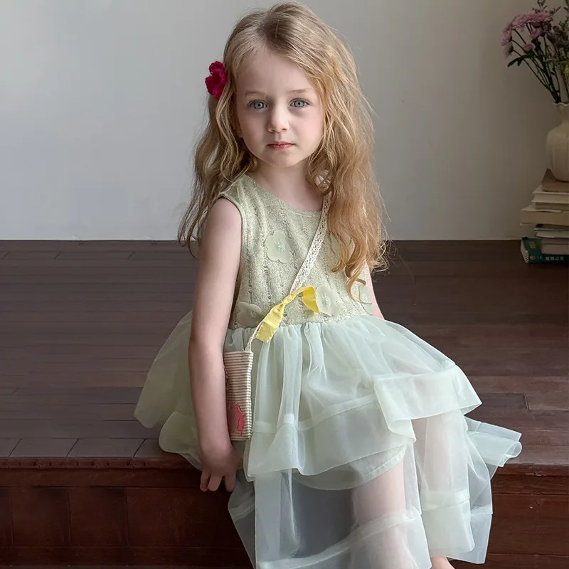 

2025 New Summer Children's Clothings Baby Vest Princess Dress Korean Baby Girls Green Party Dress