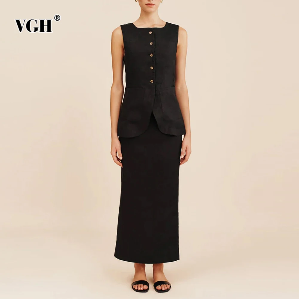 

VGH Slimming Casual Solid Two Piece Sets For Women Round Neck Sleeveless Spliced Button Top High Waist Skirt Chic Set Female New