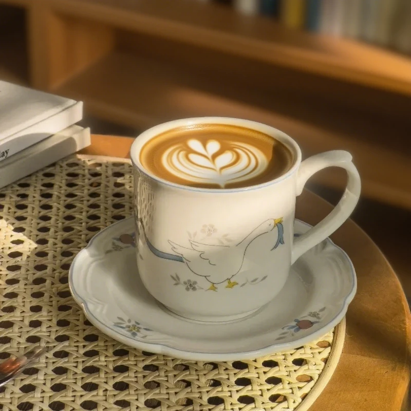 Swan Keramik-Kaffeetasse und Untertasse, koreanischer Stil, Nachmittagstee, Geschirr, Becher, Dessertteller, Küchenbecher, Keramiktasse, löffelfrei