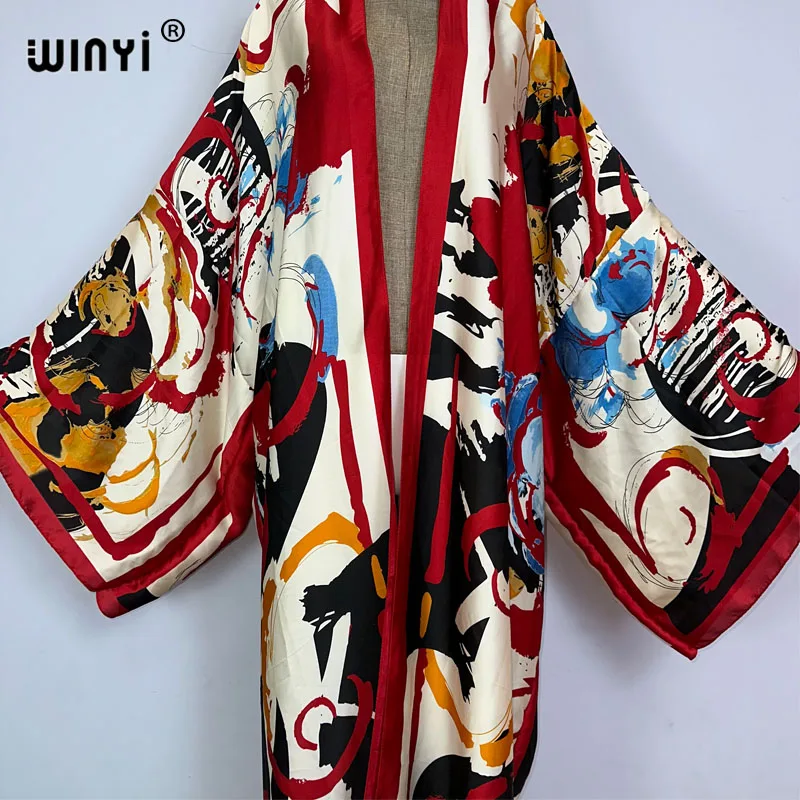 WINYI summer Bohemian Print Bikini Cover-ups Elegant fashion kimono Cardigan sexy Holiday long Sleeve silk feeling loose dress