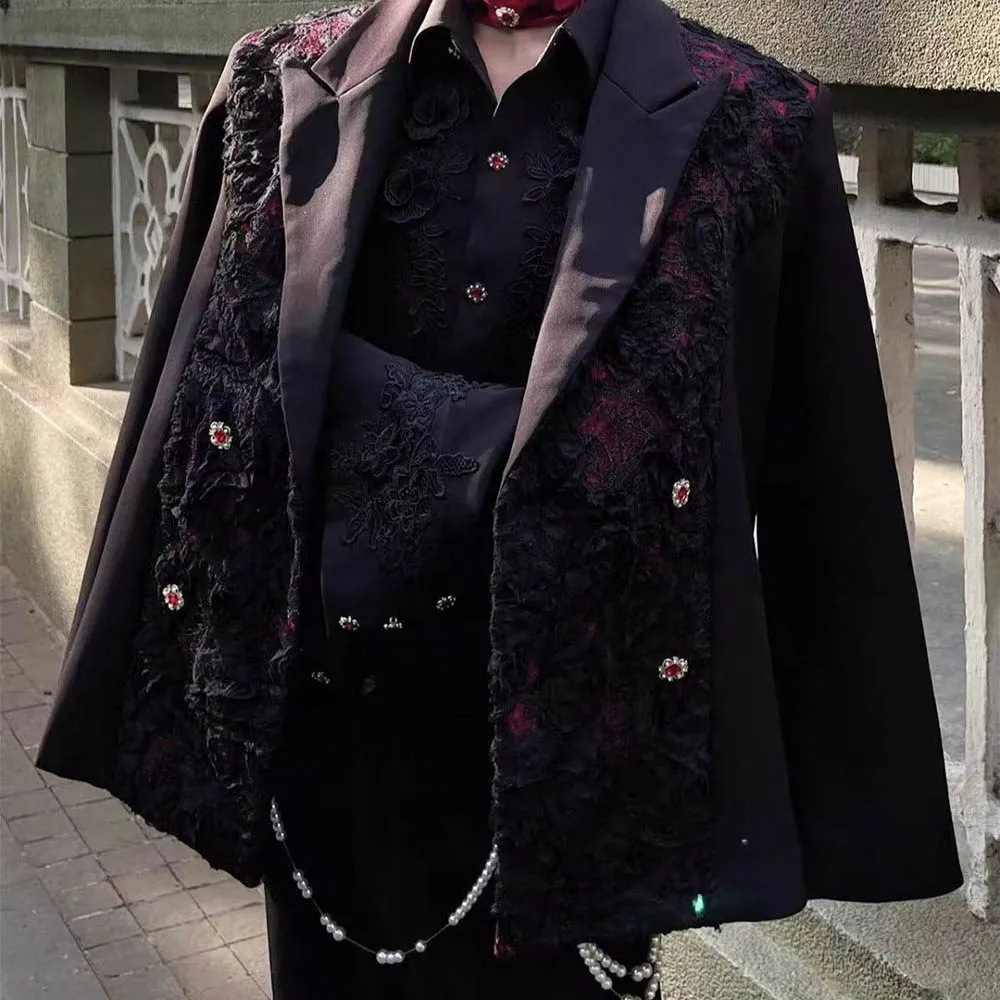 

Mens Autumn Coat Rose Lace Stitching Ballroom Suit Jacket Streetwear Fashion Nightclub Stage Performance Top Men'S Clothing 2025