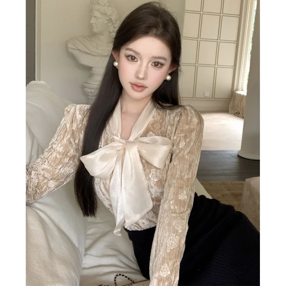 

Bow Tie Gold Velvet Shirt Women Long Sleeve Shirt Niche Tops