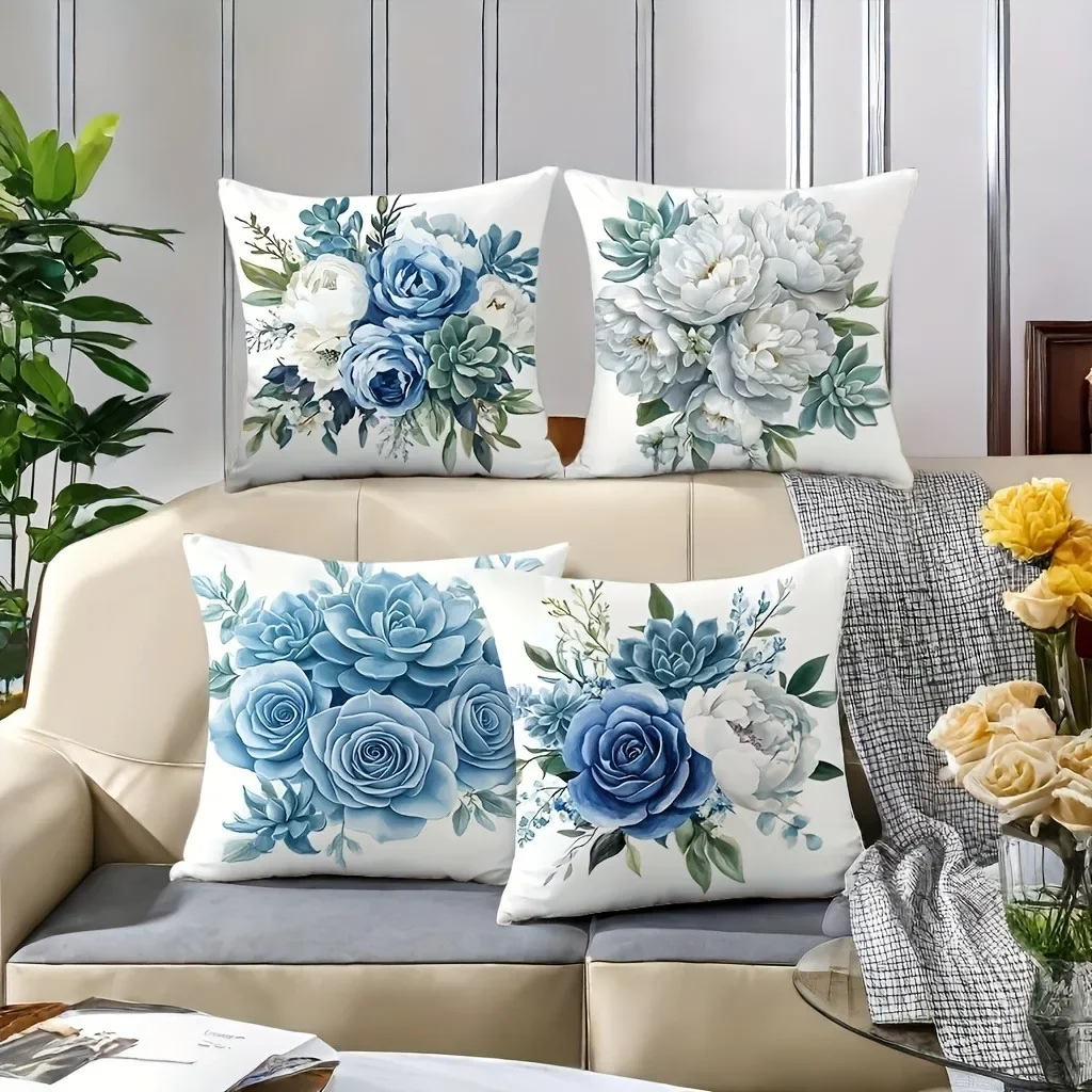 

Скандинавский синий цветочный принт с узором, домашний декор, наволочка для спальни, гостиной, дивана, украшение, полиэстеровый чехол на подушку с молнией