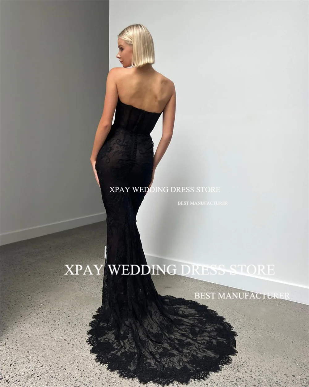 XPAY Gothic Black Mermaid Wedding Dresses Full Lace Sleeveless Bridal Gown Backless Strapless Sweep Train Bridal Dress 2024