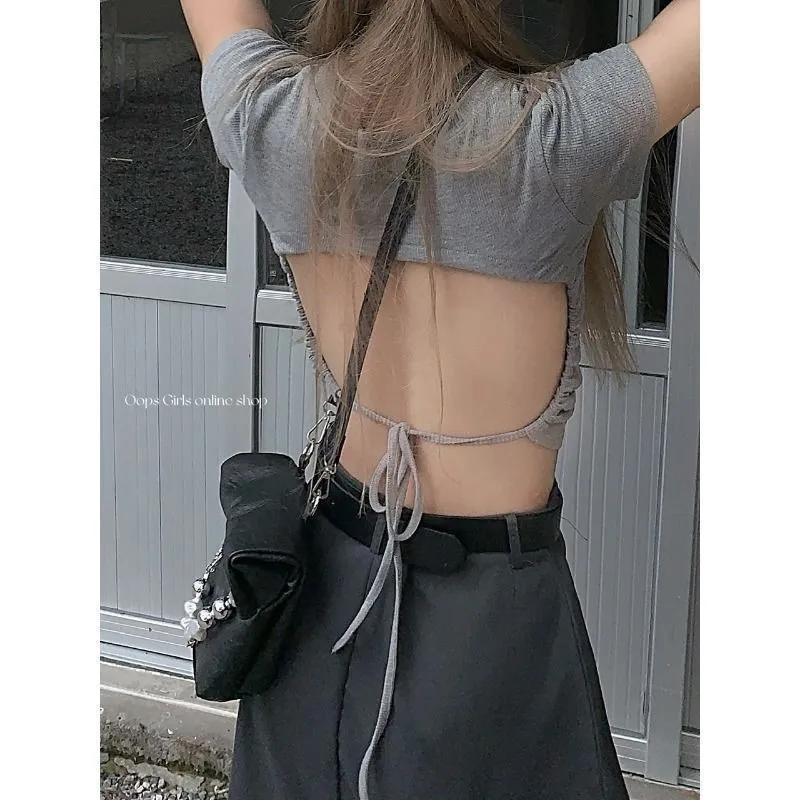Summer Pure Backless Drawstring Tie Pit Strip Short-sleeved T-shirt For Women Niche Off-the-shoulder Short Sweet And Spicy Top