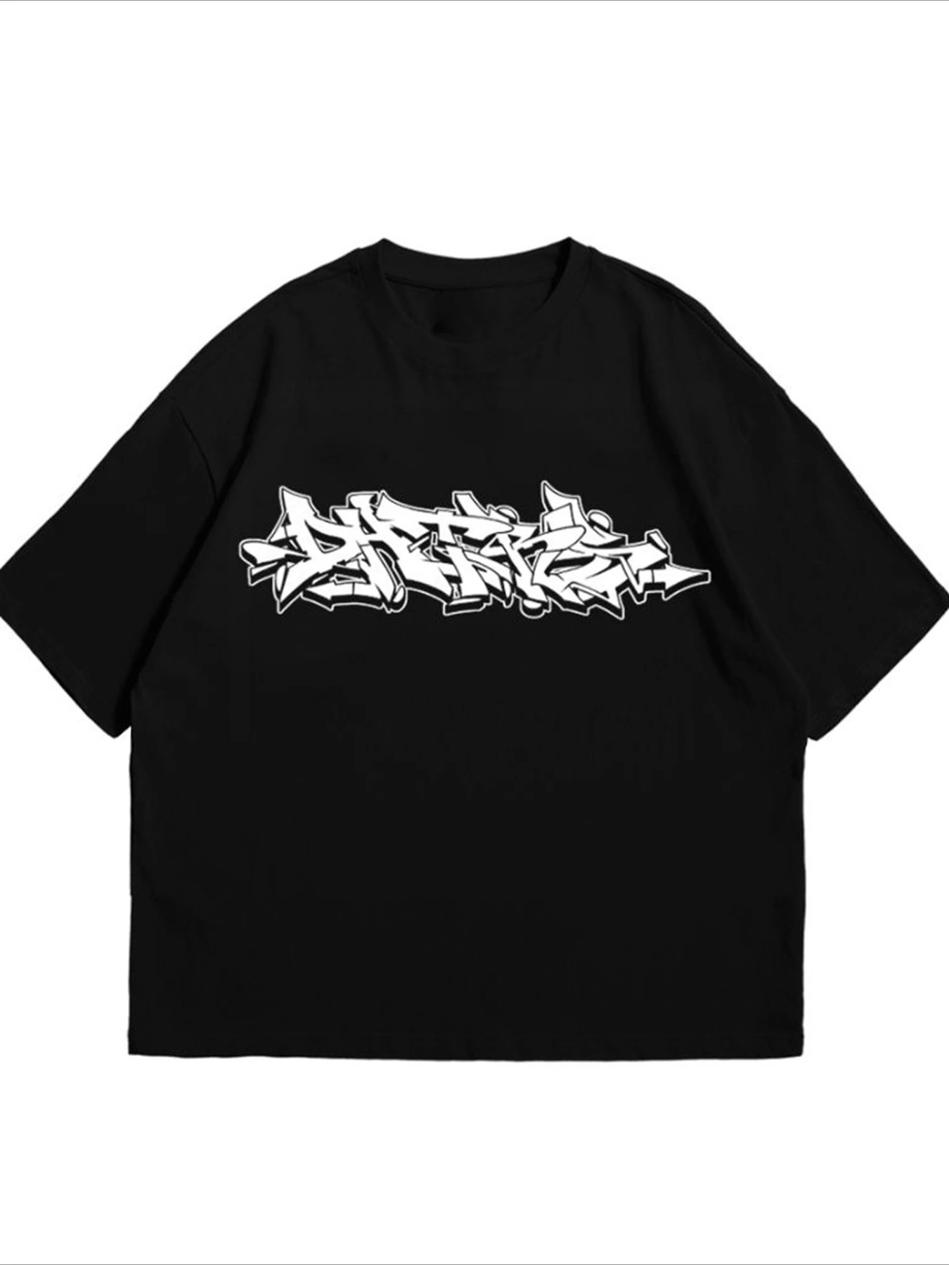 Black and White Street Graffiti Alphabet Graphic Short-Sleeve T-Shirt Vintage Hip-Hop Skate Streetwear Crew Neck Casual Shirt