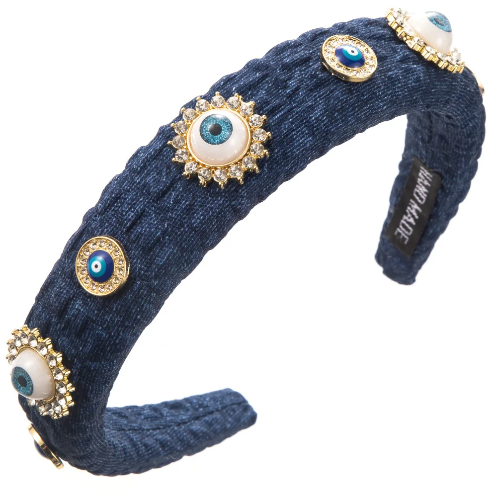 Retro Denim Fabric Devil\'s Eye Headband Female Alloy Heart Shape with Diamond Pearl Hair Accessories