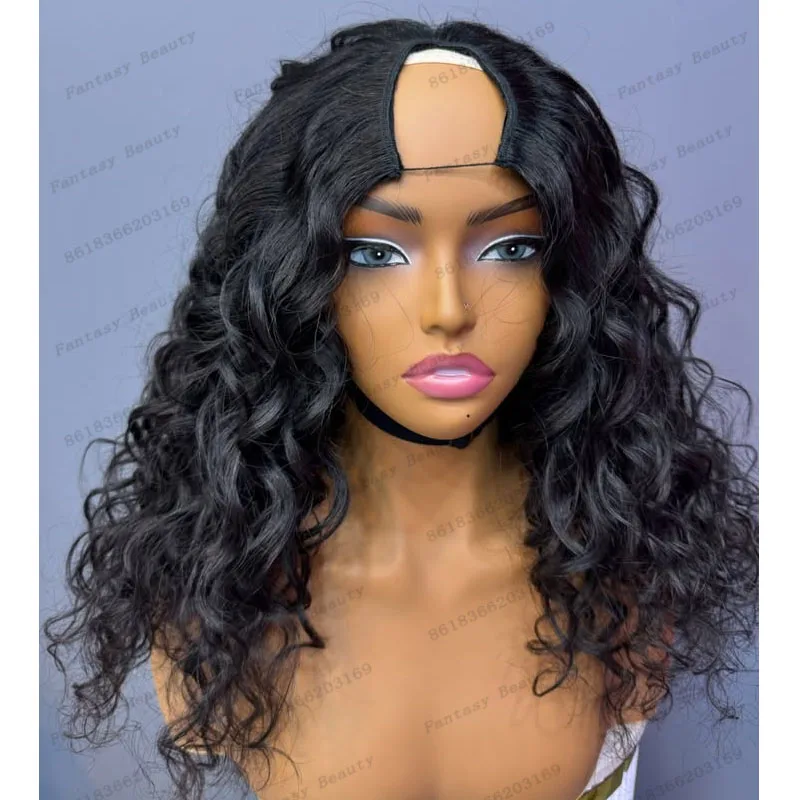 

100% человеческие волосы Глубокие свободные волны Черный открывающийся U-образный парик для чернокожих женщин Бесклеевые легкие износостойкие регулируемые U-образные парики Коричневые
