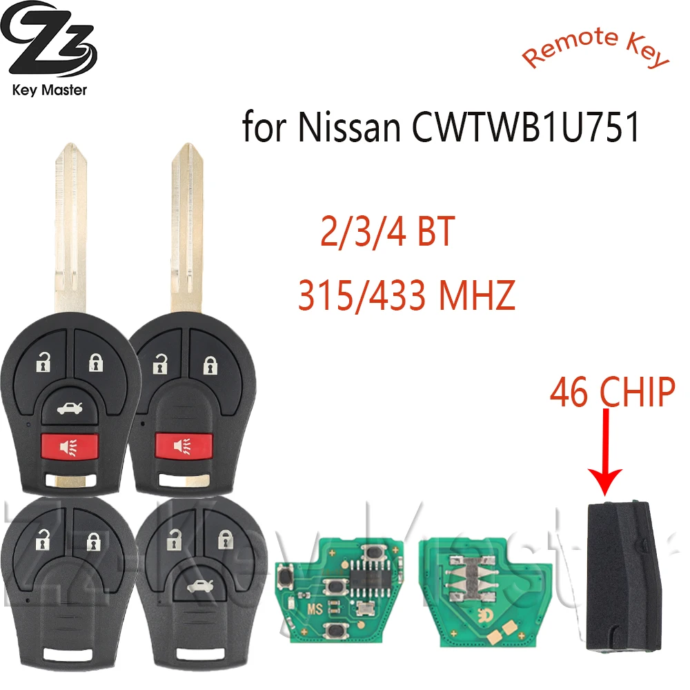 

Zz CWTWB1U751 ID46 CHIP 315/433MHz Remote Car Key For Nissan Rogue Qashqai Sunny Tiida X-Trail Versa Micra H0561-C993