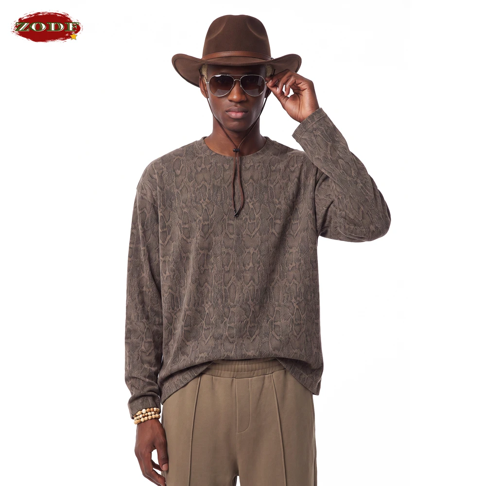 ZODF Retro Man Leopard Printing Waffle T-Shirt Unisex High Street Full Sleeve 260gsm O Neck T Shirts Tees HY1310