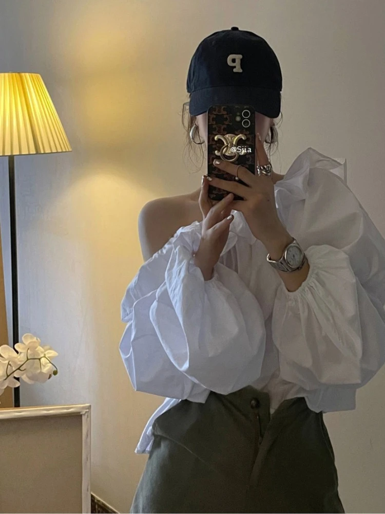 

Korean Chic Women's Shirt Spring Style Diagonal Shoulder Bubble Sleeve Pure Color Trendy Top French Style One-Shoulder Design