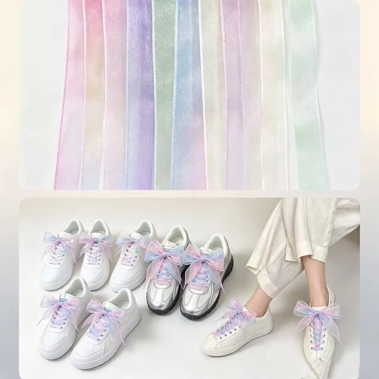 New Gradient Chiffon Yarn Shoelaces Wide 2.5cm Flat Silk Big Bow Laces For Casual Canvas Training Shoes Shoestrings Dropship