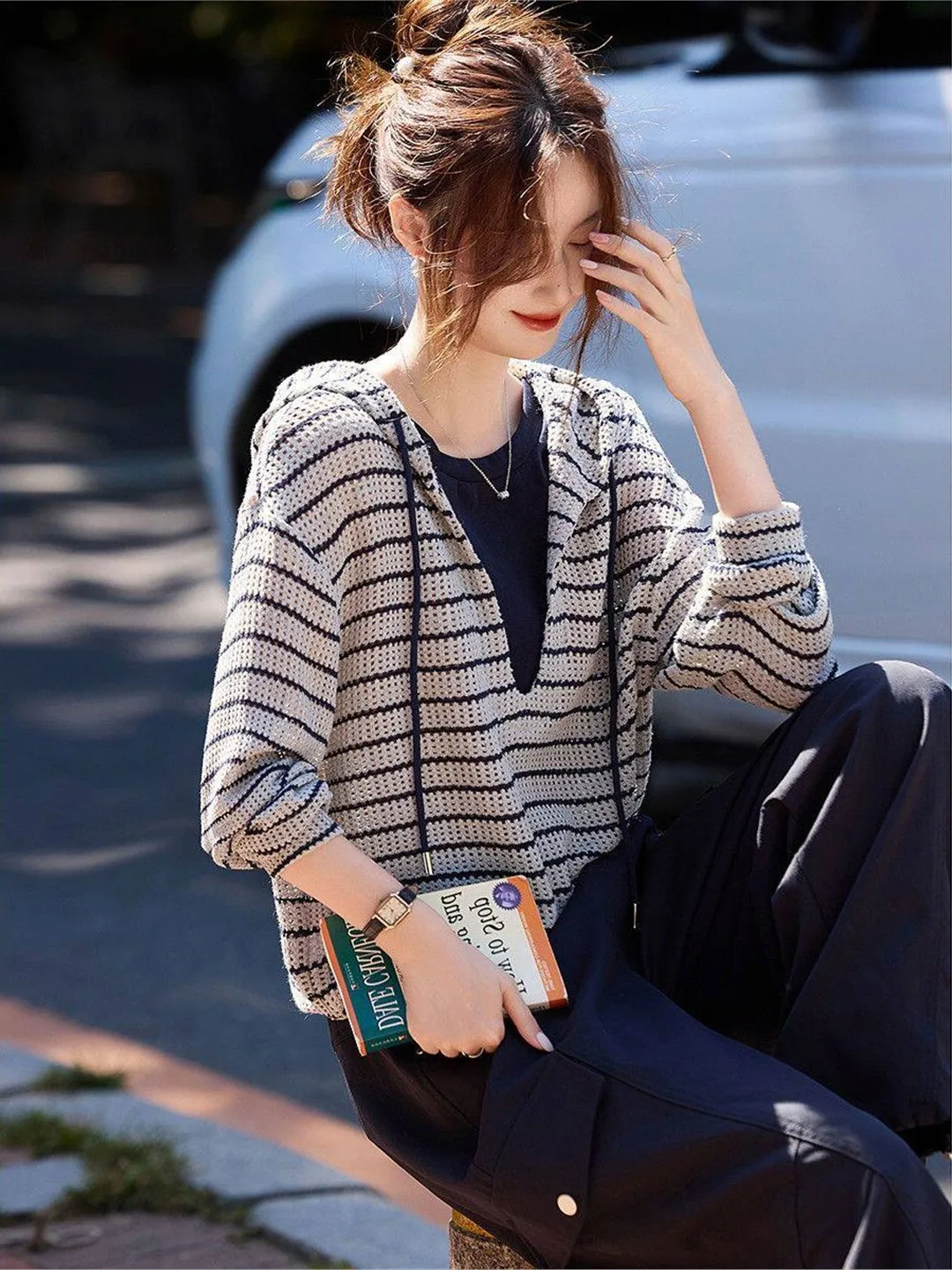 

Fashionable Striped Color Block Hoodie Hollow out Knitted Top for Women Casual Loose Fit Spring Autumn Season Polyester Spandex