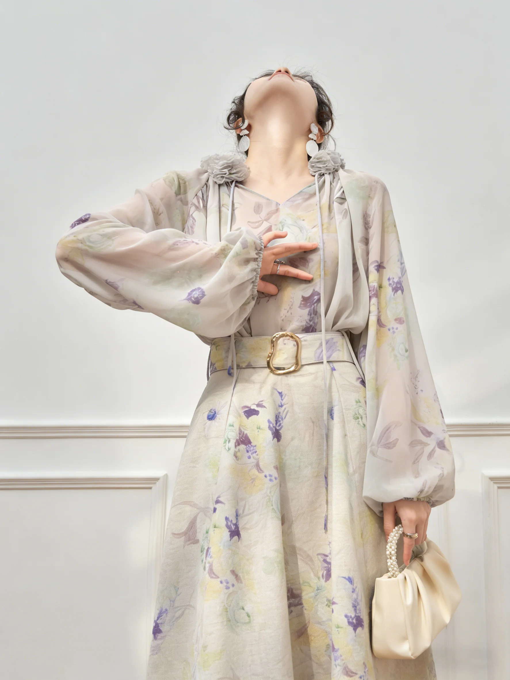 

Color Block Print Chiffon Top Skirt Set Women's Unique Beautiful Spring Fashion Casual Loose Fit V-Neck Long Sleeve Shirt