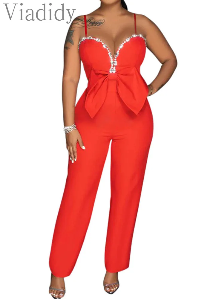 Spaghetti Strap Rhinestone Bowknot Decor Straight Jumpsuit