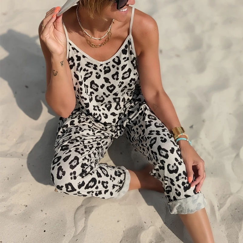 Fashion Ladies Leopard Print Stray Overall Lady Casual V-neck Pockets Long Jumpsuit Chic Women Beach Summer Slim Romper 2023