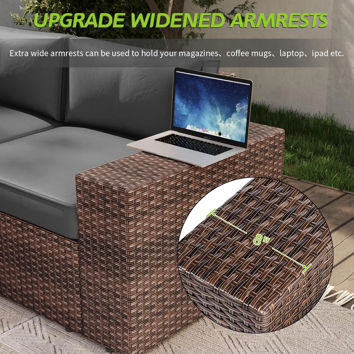 Wicker Rattan Patio Furniture Set, Sofá secional ao ar livre, Combinação com 44 "Fire Pit, Almofadas engroçadas, 7 Pcs