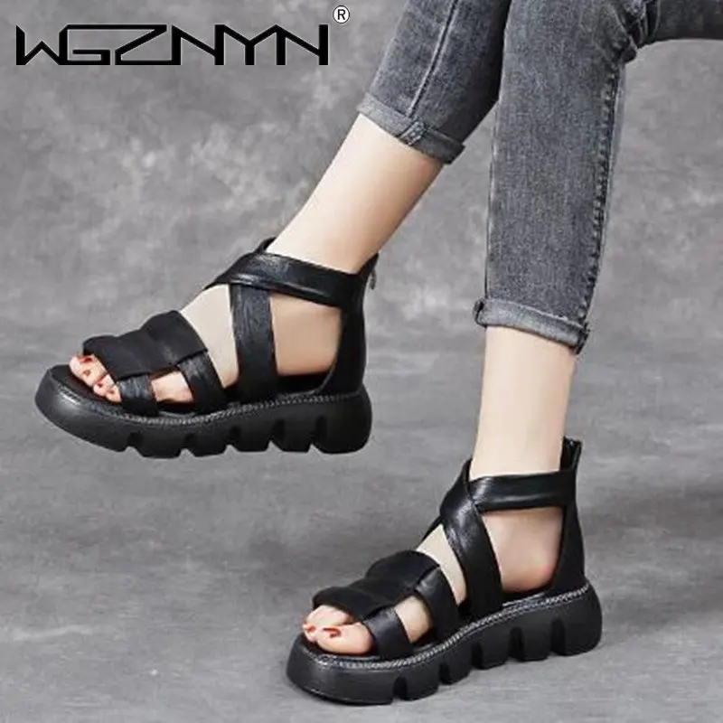 New Design Women Gladiator Retro Sandals Summer Open Toe Cool Boots Ladies Genuine Leather High Heel Platform Casual Sandals