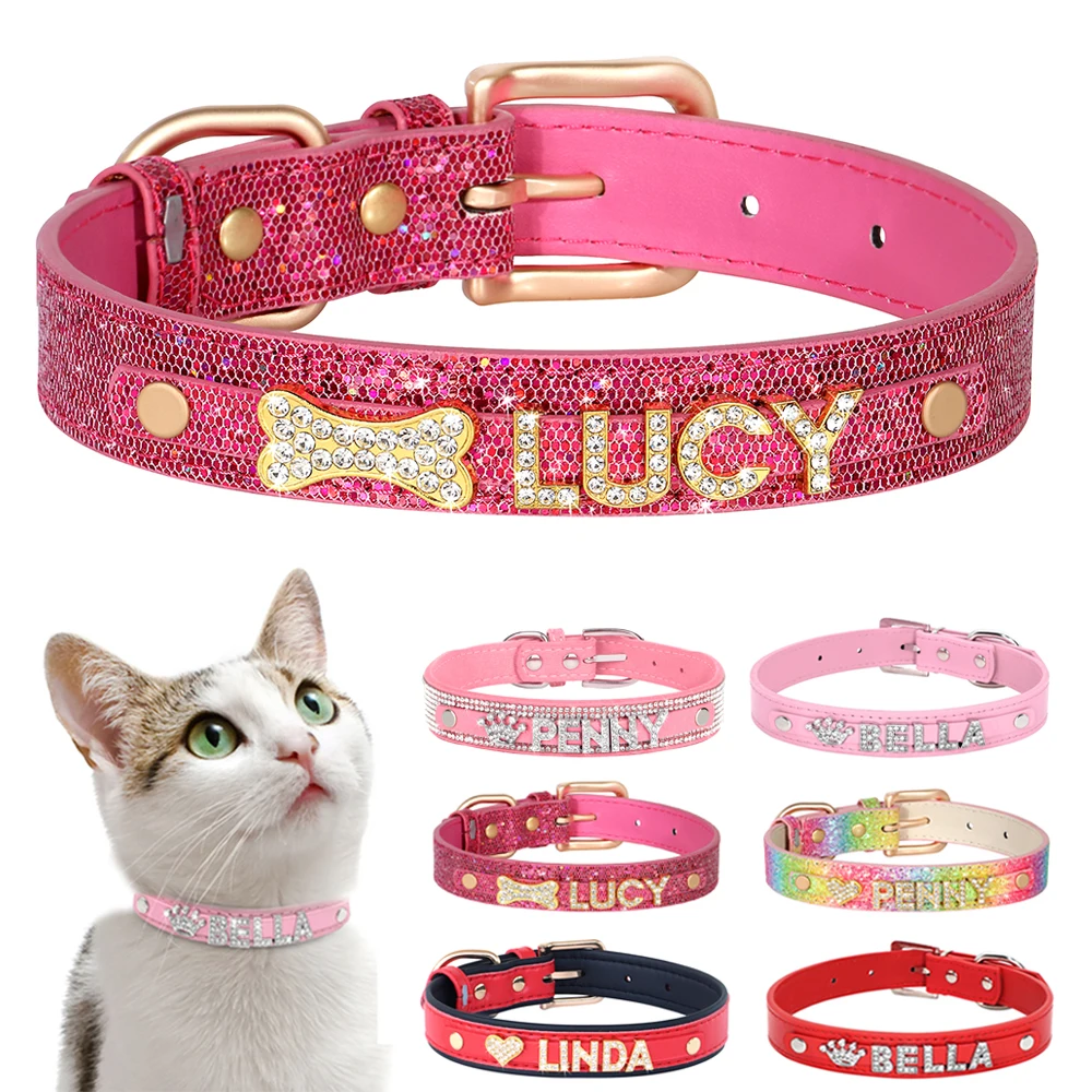 Bling Rhinestone Cat Collar Free Custom Puppy Cats Collars Personalized Kitten Name Charms Pet Crystal Necklace Cat Accessories