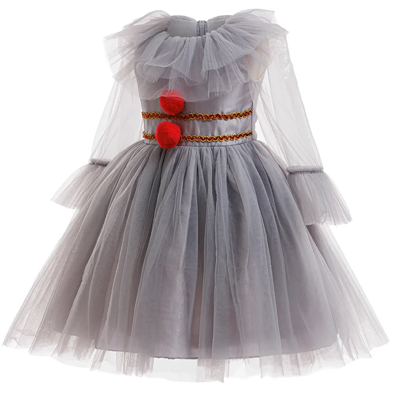 

Girl Horror Joker Cosplay Halloween Costume Kids Killer Clown Long Sleeve Grey Mesh Puffy Dress For Children Themed Party Outfit