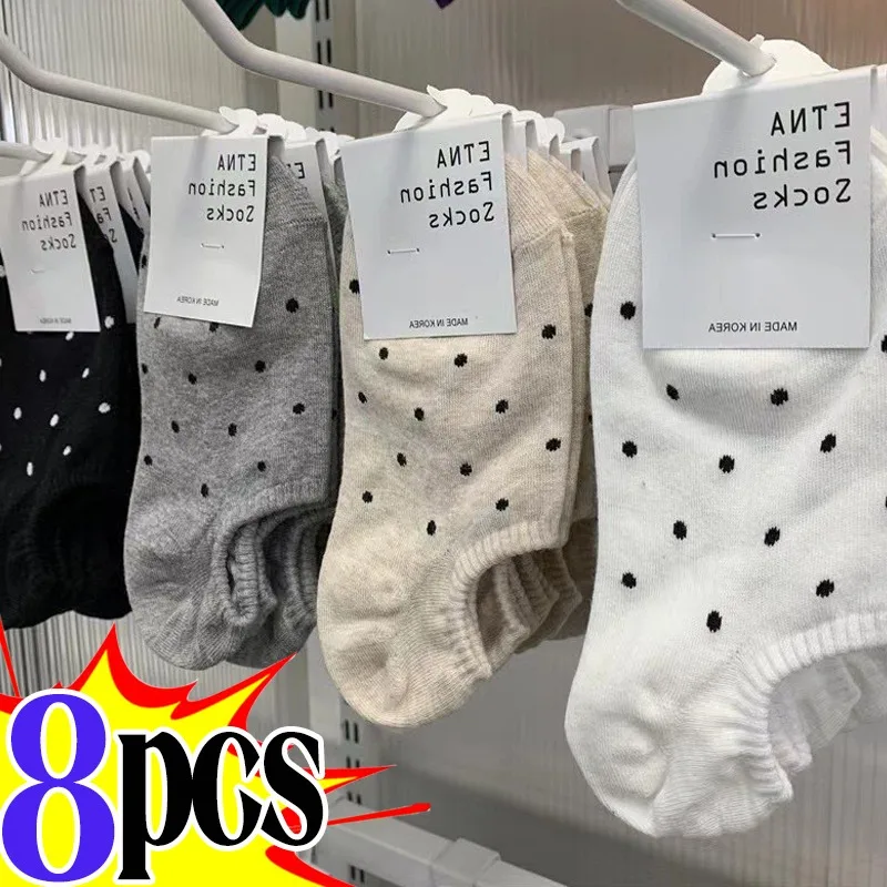 4pairs Polka Dot Socks Black White Spotted Short Sock Pure Cotton Ankle Stocking Spring Summer Retro Girl Sox Hosiery Japanese