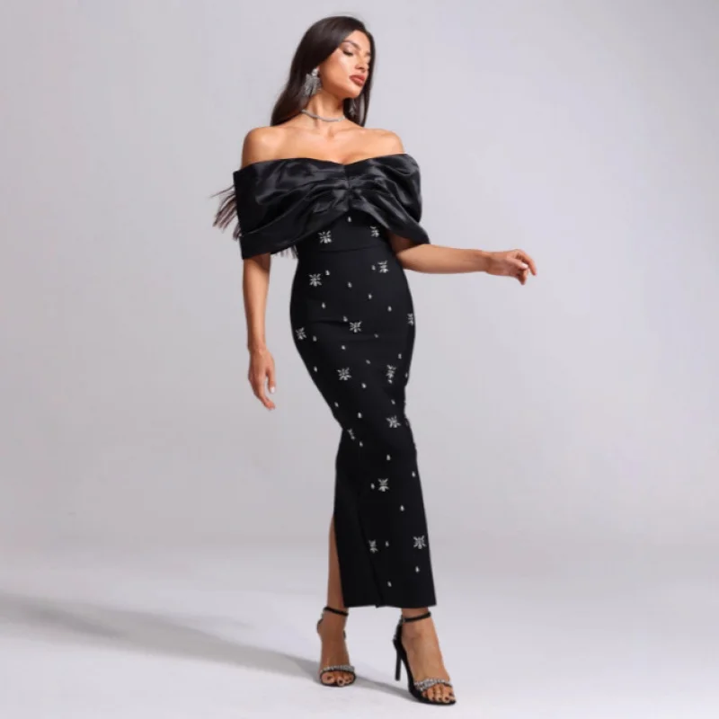 

2025 European and American Fashion Elegant Off-Shoulder Rhinestone Bandage Dress