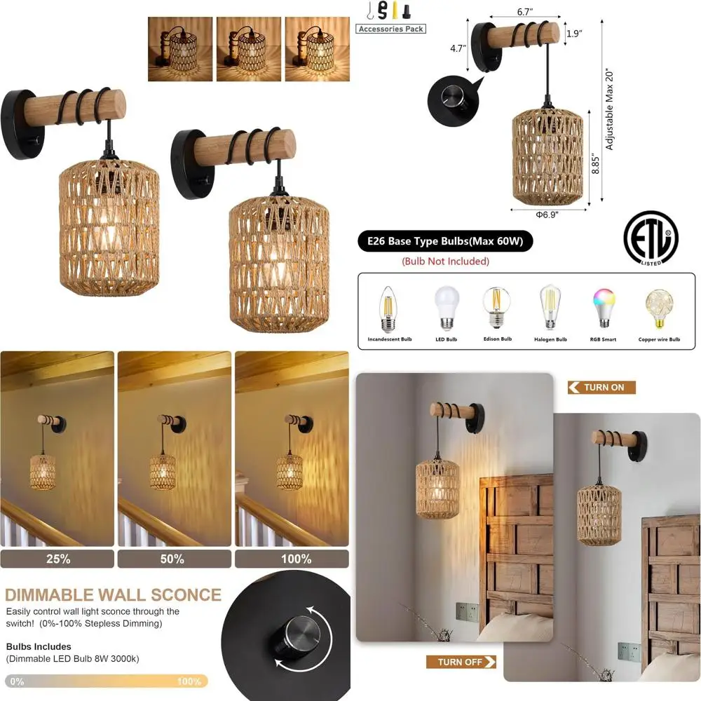 

Set of 2 Rattan Wall Sconces with Dimmer, Wicker Hanging Light Fixtures for Indoor Living Spaces