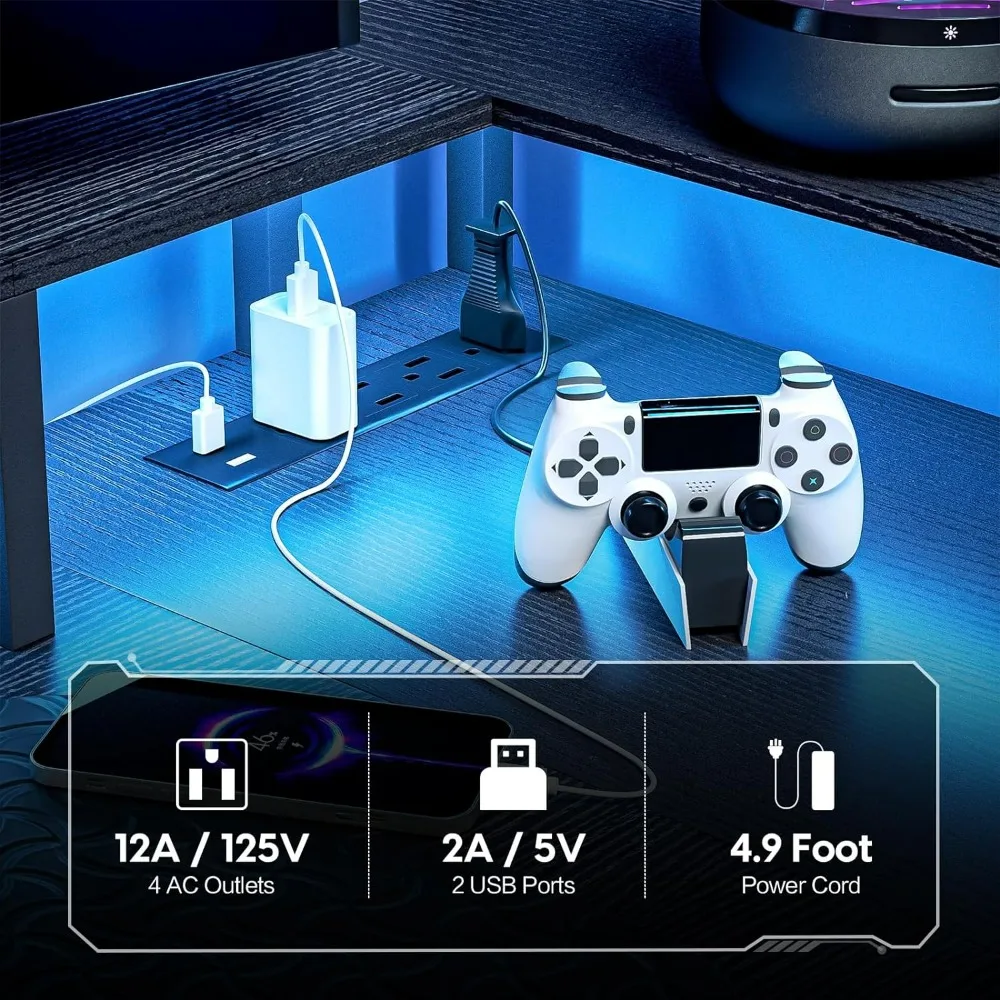 Computador Gaming Desk com luzes LED e Tomadas, Home Office Console Desk