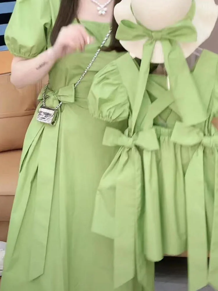 Girls Parent-child Dress Summer Tide Family of Three Avocado Green Bow Puff Sleeves Western Style Dresses  Summer