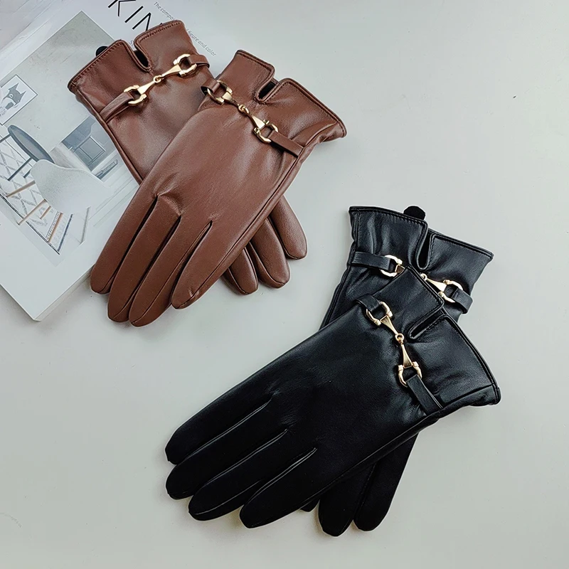 Fashion Chain Plus Velvet Thicken Synthetic Leather Gloves Women Winter Outdoor Sports Cycling Touch Screen Driving Warm Mittens