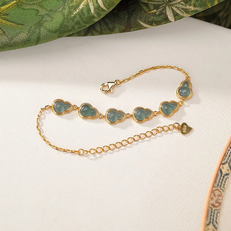 Amxiu Sterling Silver 925  Blue Water Jade  Gold-Plated Amber Gourd Tooth Pattern New Chinese Ancient Style Layered Bracelet