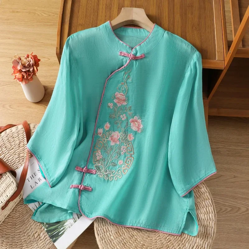 Camicetta da donna in stile cinese ricamata Camicie vintage Moda Abbigliamento estivo allentato Top da donna in lino di cotone a maniche corte