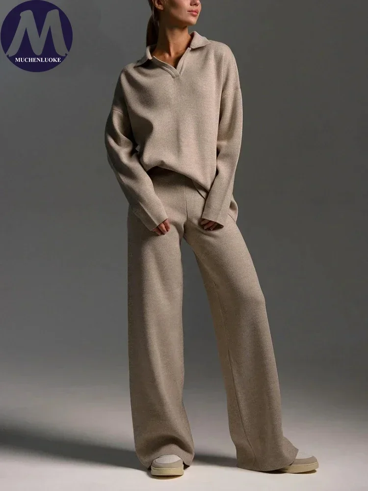 Elegant Women‘s Tracksuits Knitted Polo Sweater Two Pieces Sets Office Oversized Pullover and Wide Leg Pants Sets for Women 2024