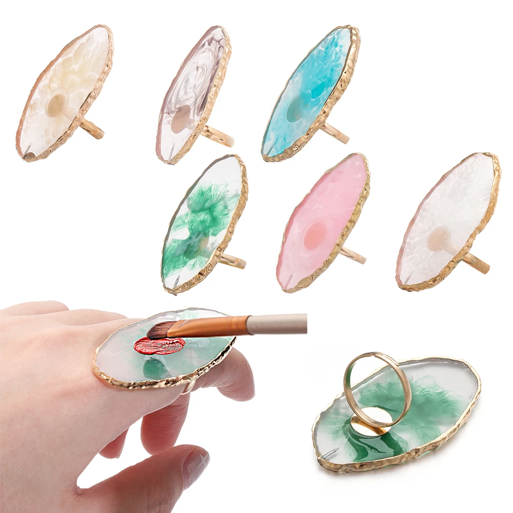 Paleta de Resina para Uñas con Anillo de Dedo, Nuevo Soporte Dorado de Ágata para Mezclar y Exhibir Esmaltes, Placa para Puntas de Uñas ​ Herramienta de Manicura