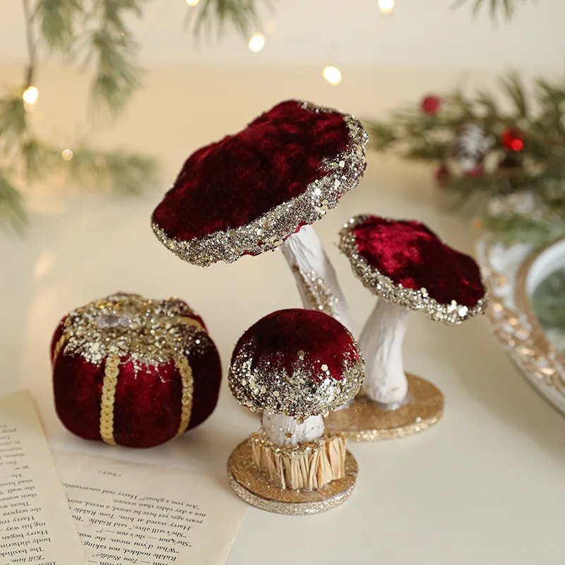 Juego de setas y calabaza con purpurina roja vino, decoración navideña de espuma para escritorio, adornos festivos