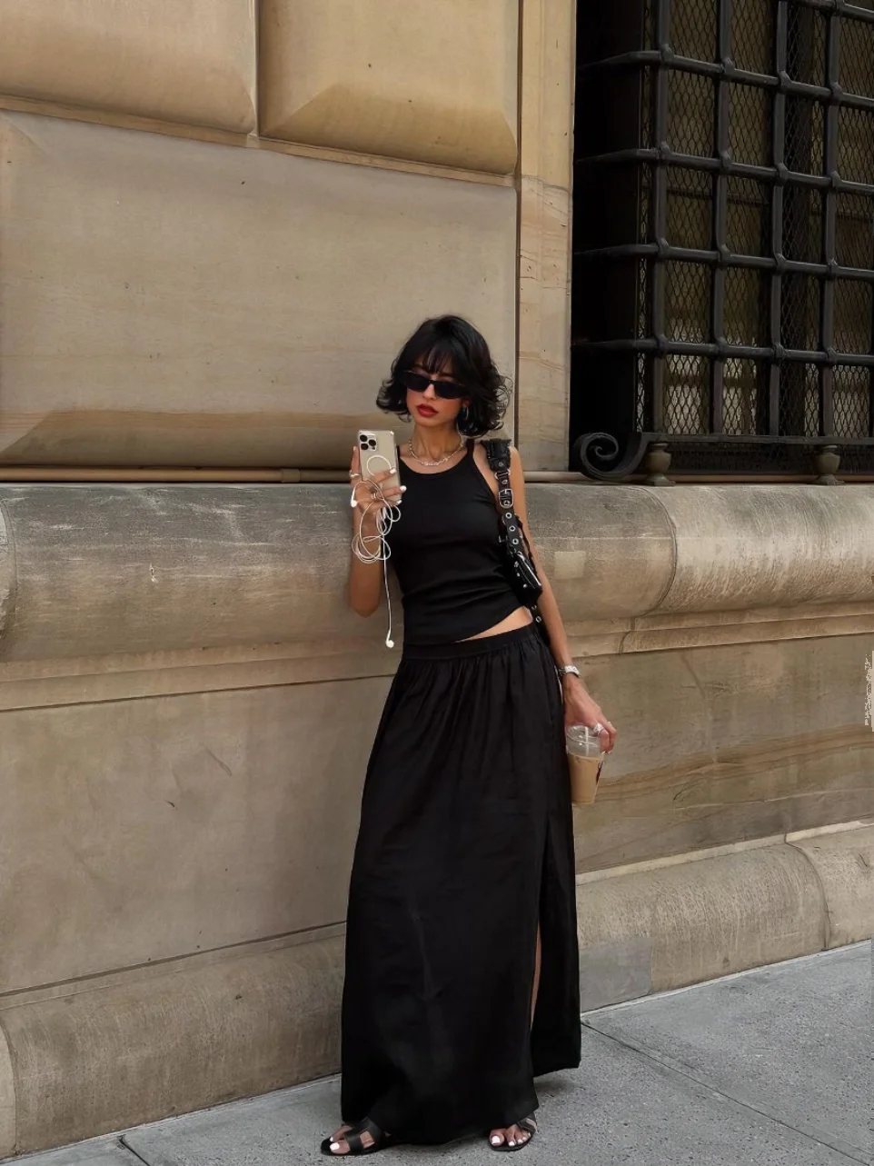 New 26 Minimalist Casual Loose Cotton Linen Half-length Skirt with Strap Vest for Women Mid-waist Pure Color Black Dress