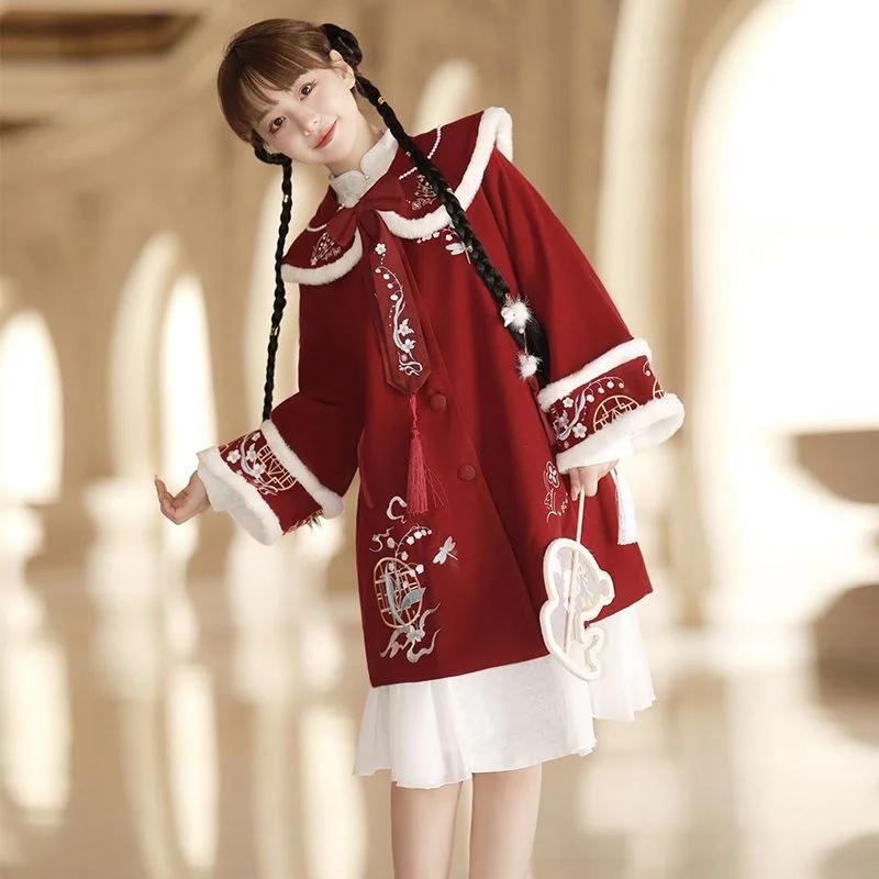 

Chinese New Year Hanfu with Chinese Elements Lolita Plush Thick Cheongsam Set Red White Blue Dresses Girl Winter Daily Dress