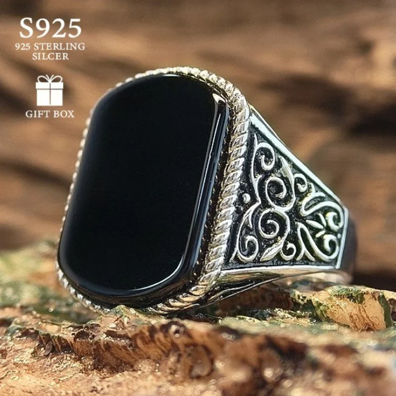 

1 Pc Retro Glamorous Butterfly-pattern 925 Silver Oval Black Agate Ring, A Graceful Elegance Jewelry,Suitable for Dinner Parties