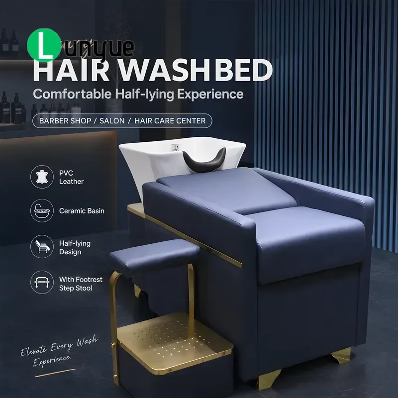 Luxury Modern Durable Professional Shampoo Chair with Ceramic Basin Comfortable Semi Reclining Barbershop Furniture