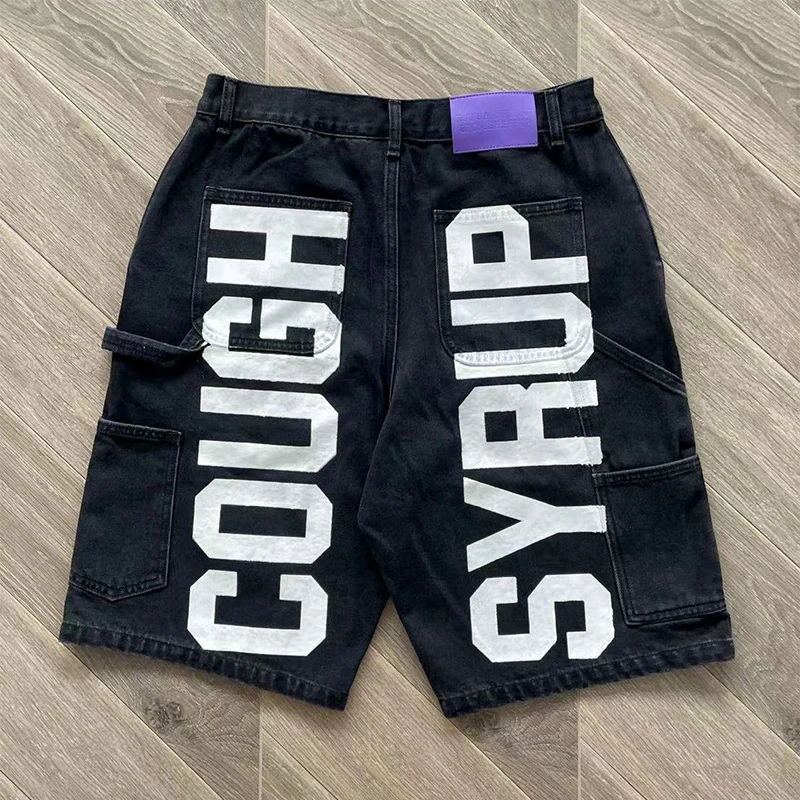 That's A Awful Lot of Cough Syrup Denim Shorts Letter Logo Printed Casual Washed Jeans - Image 4