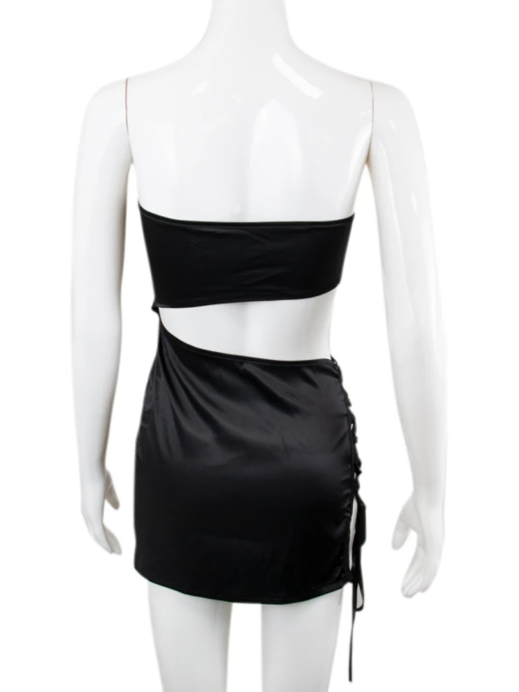 Met Boor Ketting Off Shoulder Holle Slanke Bodycon Jurk Vrouwen Cross Kanten Dij-Hoge Split Mini Avondjurk Club Feest